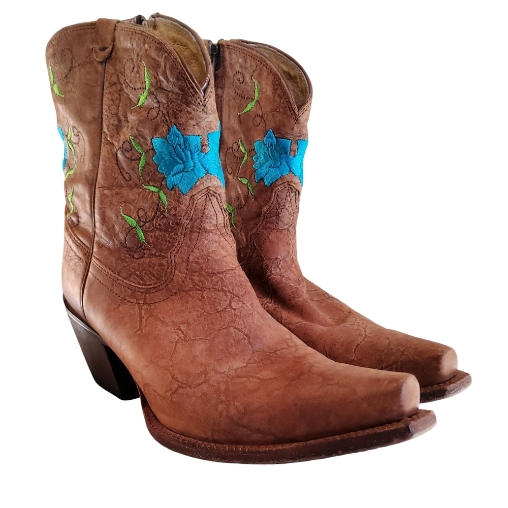 Tony Lama Brown Leather Boots with Colorful Embroidery - Picture 2 of 7